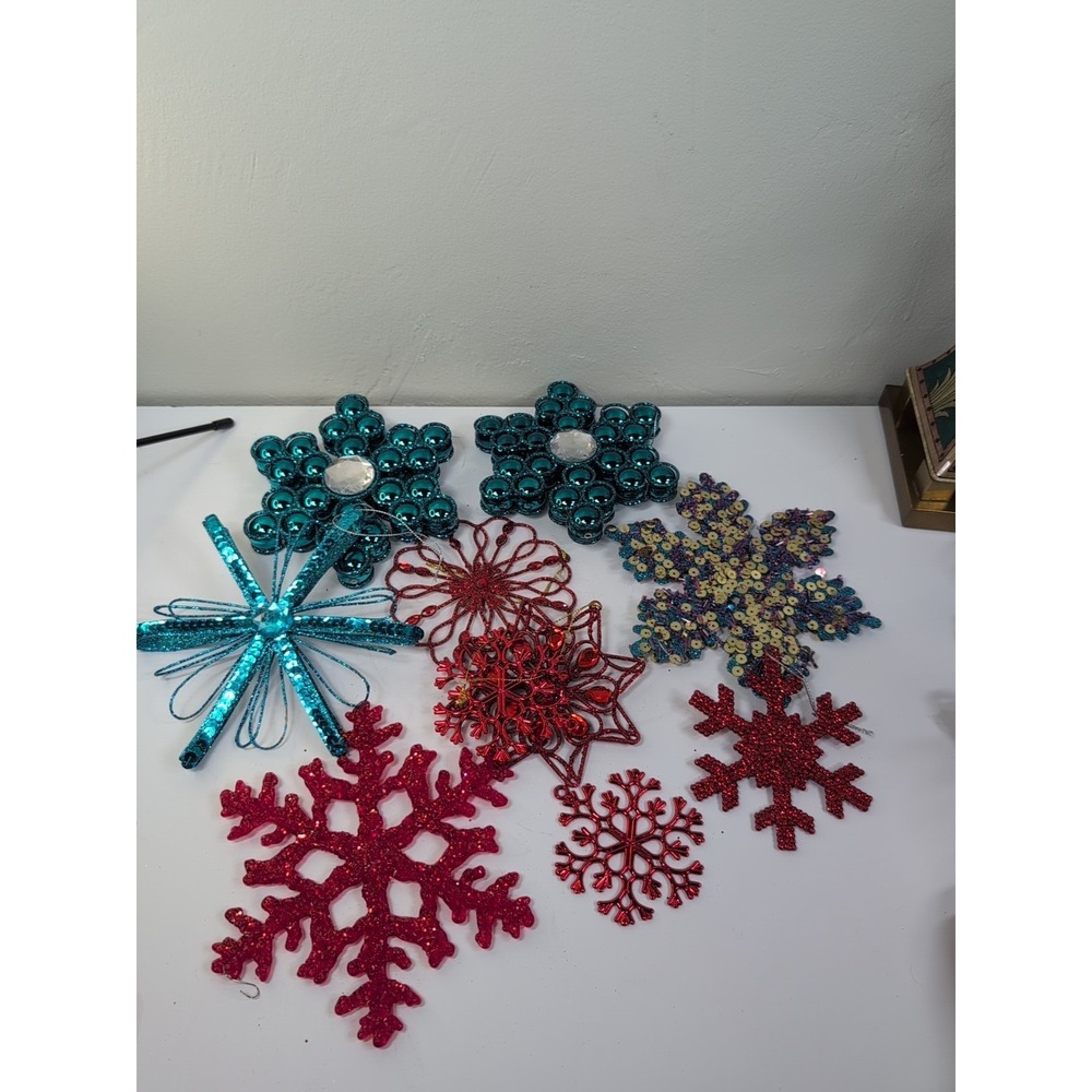 Lot 10 Teal Red Glitter & Sequin Snowflakes Winter Christmas Tree Ornaments